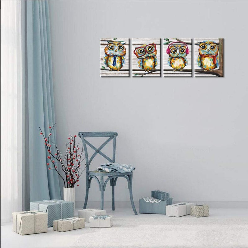Visual Art Decor 4 Pieces Happy Owl Family Canvas Prints Animal Painting Wall Decor Dad Mom and Kids Canvas Prints Wall Art Decor for Modern Home Child Bedroom Nursery Decoration 12x16inchx4Pieces - Image 3